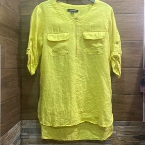Ellen Tracy Linen Partial Zip Up Top 2 Pocket Crop Sleeves Chartreuse NWOT
